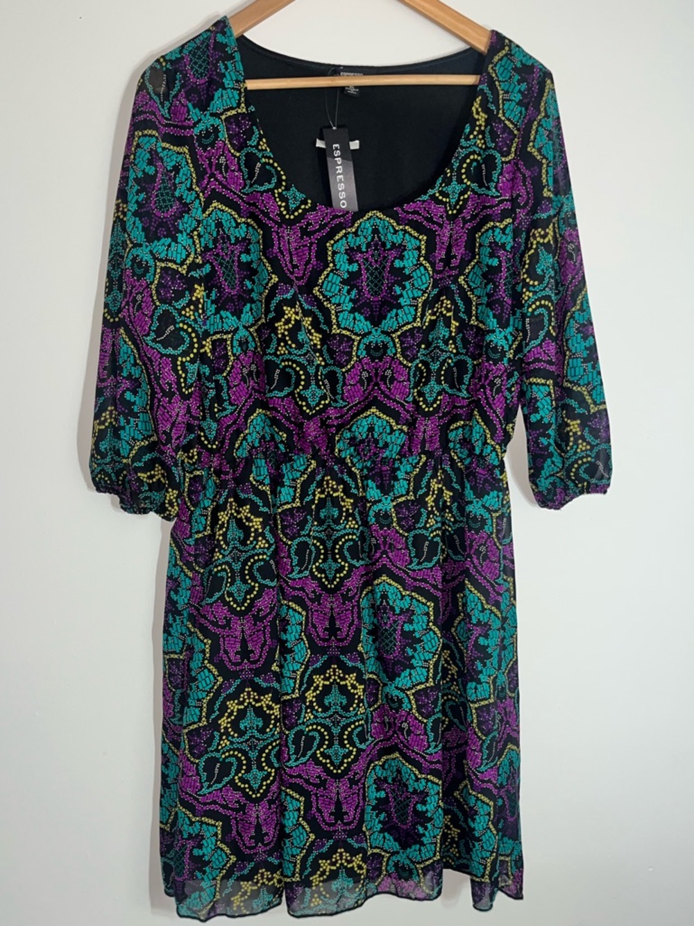 Espresso Black Dress with Purple, Teal, and Gold Print